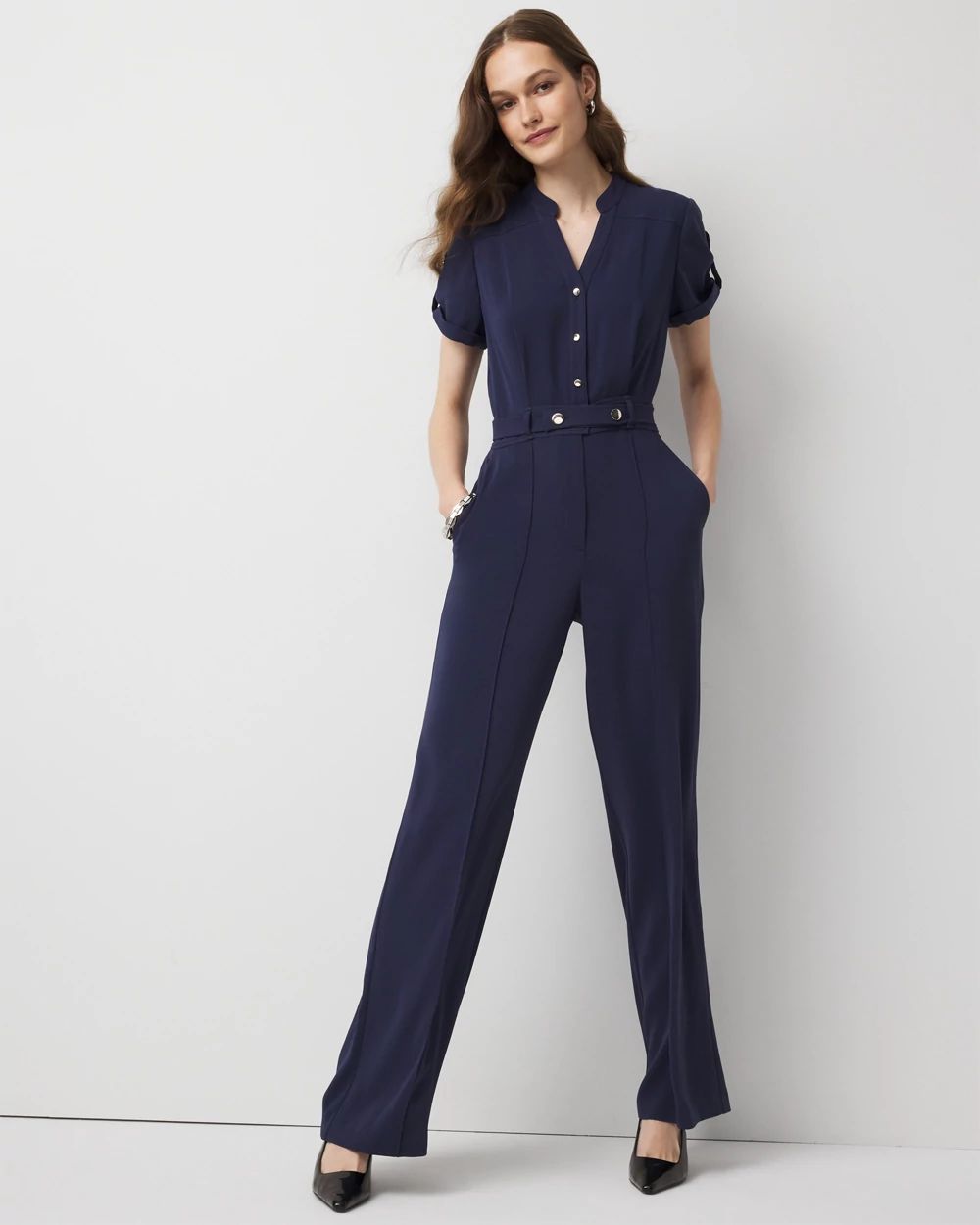 Button Front Crepe Jumpsuit | White House Black Market